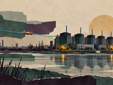 Illustration de la centrale nucléaire de Zaporijjia reliée par une seule ligne électrique réparée, avec deux génératrices de secours.