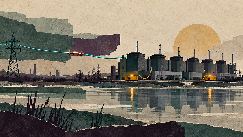 Illustration de la centrale nucléaire de Zaporijjia reliée par une seule ligne électrique réparée, avec deux génératrices de secours.