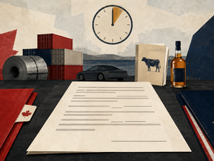 Illustration éditoriale d’un accord commercial Canada–États-Unis incomplet, entouré de conteneurs, d’acier, d’une automobile, d’un dossier laitier et d’une bouteille d’alcool.