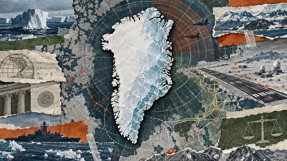 Une carte découpée du Groenland est traversée par des arcs radar et des fragments de traité.