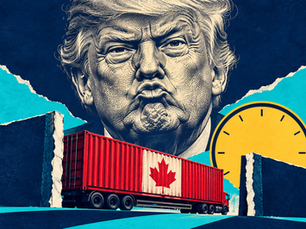 Caricature de Donald Trump devant un camion portant une feuille d’érable et une horloge jaune, sur un collage bleu et turquoise.