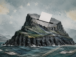 Illustration d’une île volcanique transformée en urne électorale, entourée d’un filet de pêche, devant des étoiles européennes dans le brouillard.