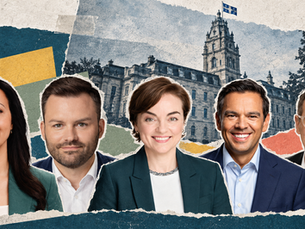 Montage éditorial des cinq chefs politiques devant l’Assemblée nationale du Québec, dans une esthétique de collage imprimé.
