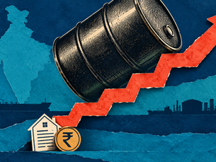 Illustration éditoriale : un baril de pétrole sur une flèche montante, avec une pièce en roupies et une maison symbolisant le crédit en Inde.