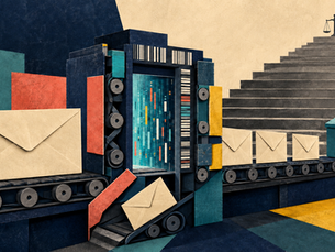 Illustration d’enveloppes électorales traversant une machine postale de contrôle avant d’atteindre une urne et un tribunal.