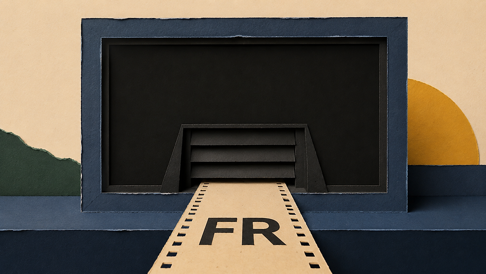 Illustration d’une bande de film marquée « FR » bloquée à l’entrée d’un écran par un volet de recommandation numérique.