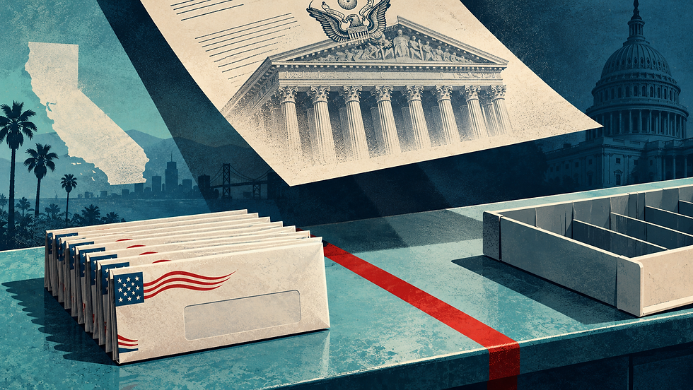 Illustration d’enveloppes électorales séparées d’un bac de traitement par une ligne rouge, sous l’ombre d’un document fédéral.