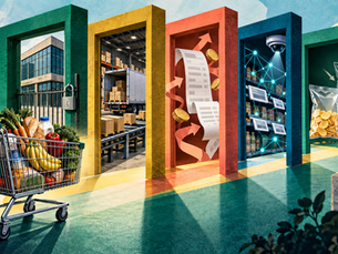 Un panier d’épicerie traverse cinq verrous avant la caisse : immobilier, distribution, frais fournisseurs, algorithmes et emballage.