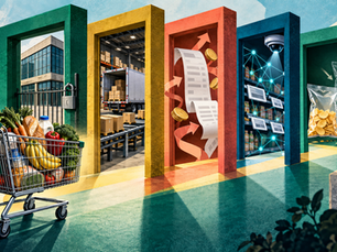 Un panier d’épicerie traverse cinq verrous avant la caisse : immobilier, distribution, frais fournisseurs, algorithmes et emballage.