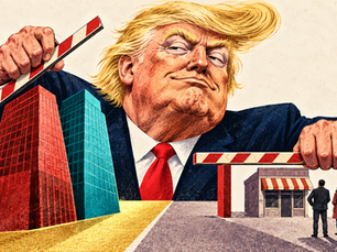 Caricature de Donald Trump levant une barrière pour les grandes entreprises et maintenant l’autre fermée devant un petit commerce et des citoyens.
