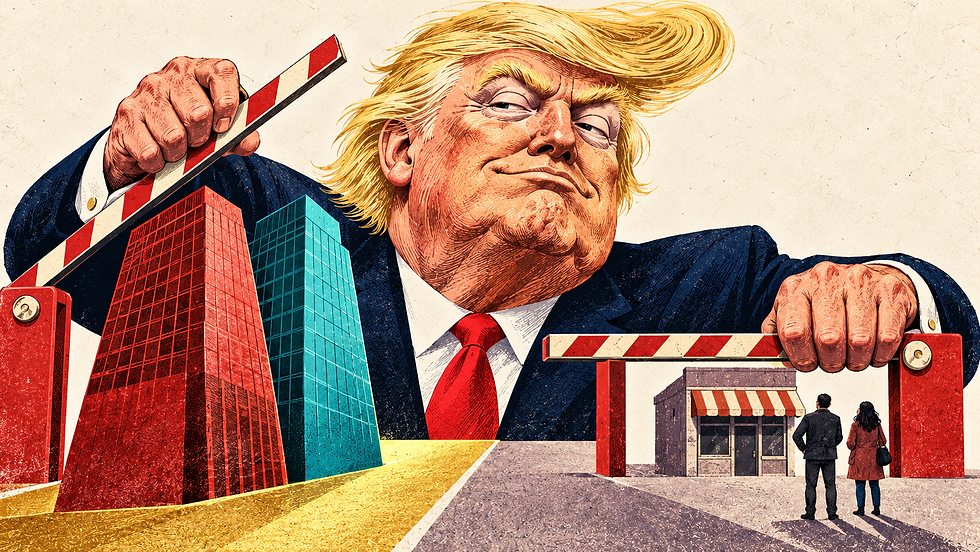 Caricature de Donald Trump levant une barrière pour les grandes entreprises et maintenant l’autre fermée devant un petit commerce et des citoyens.