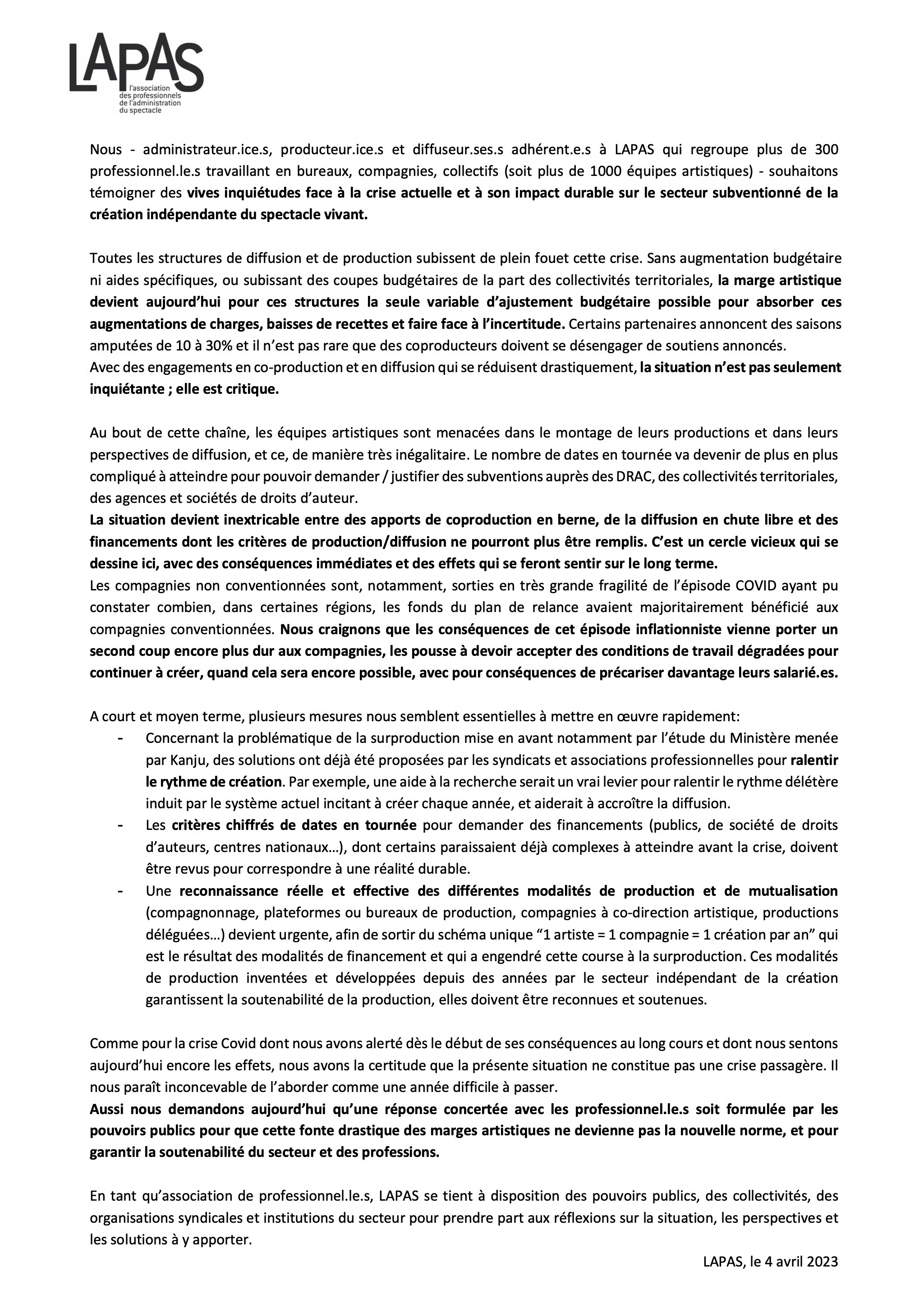 Lettre ouverte LAPAS - crise 2023