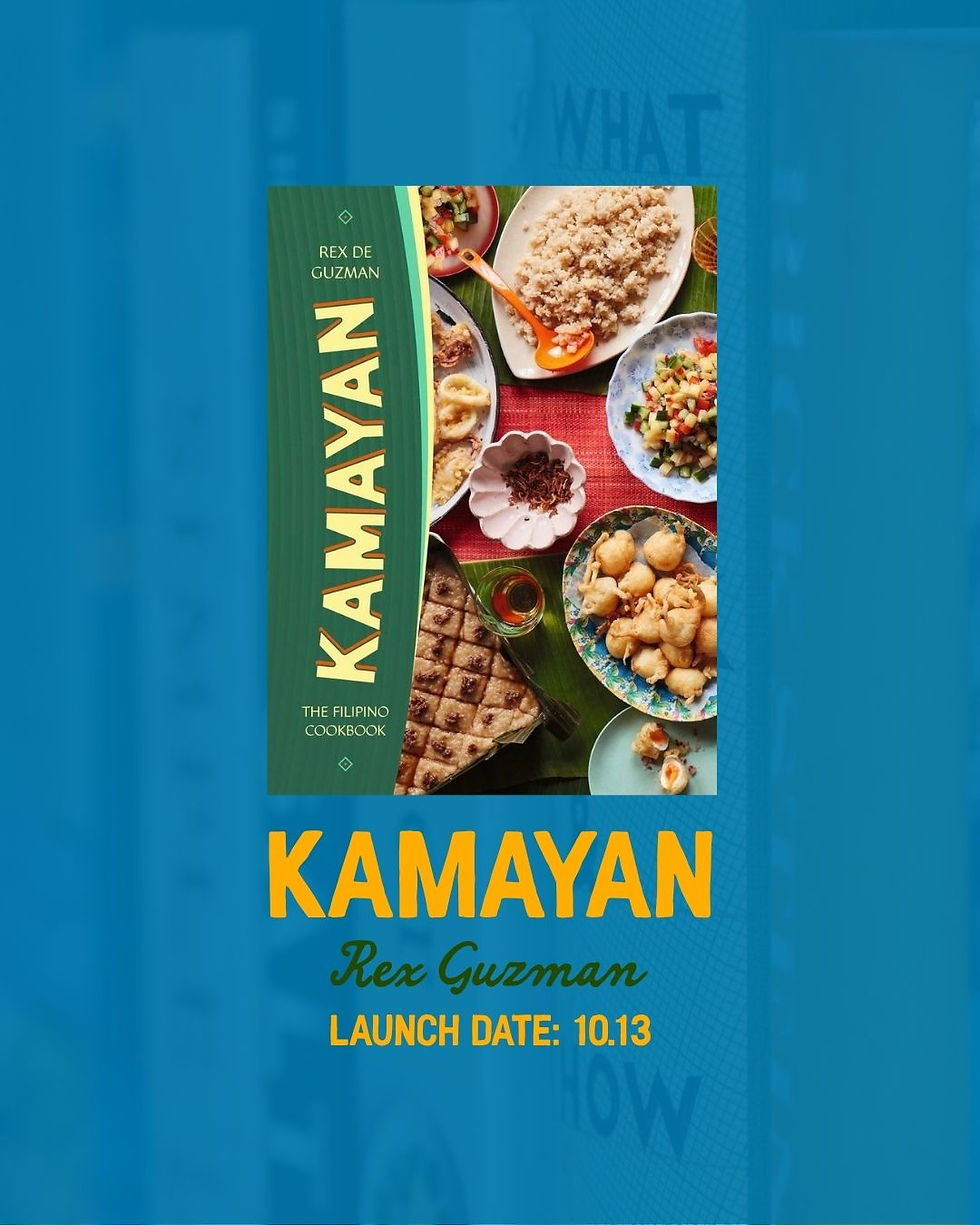 Kamayan cookbook cover by Rex de Guzman, with Filipino dishes and launch date 10.13 on blue background.