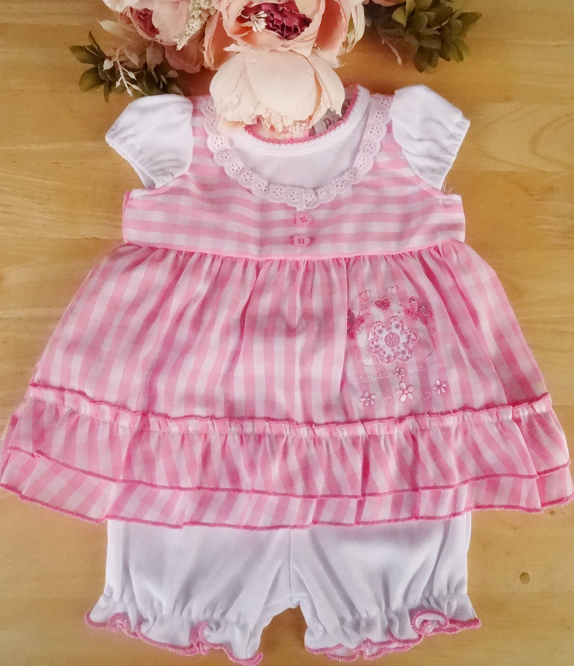 Baby Girl White Pink Gingham Flower Embroidered Dress & Bloomers Set 3-6m
