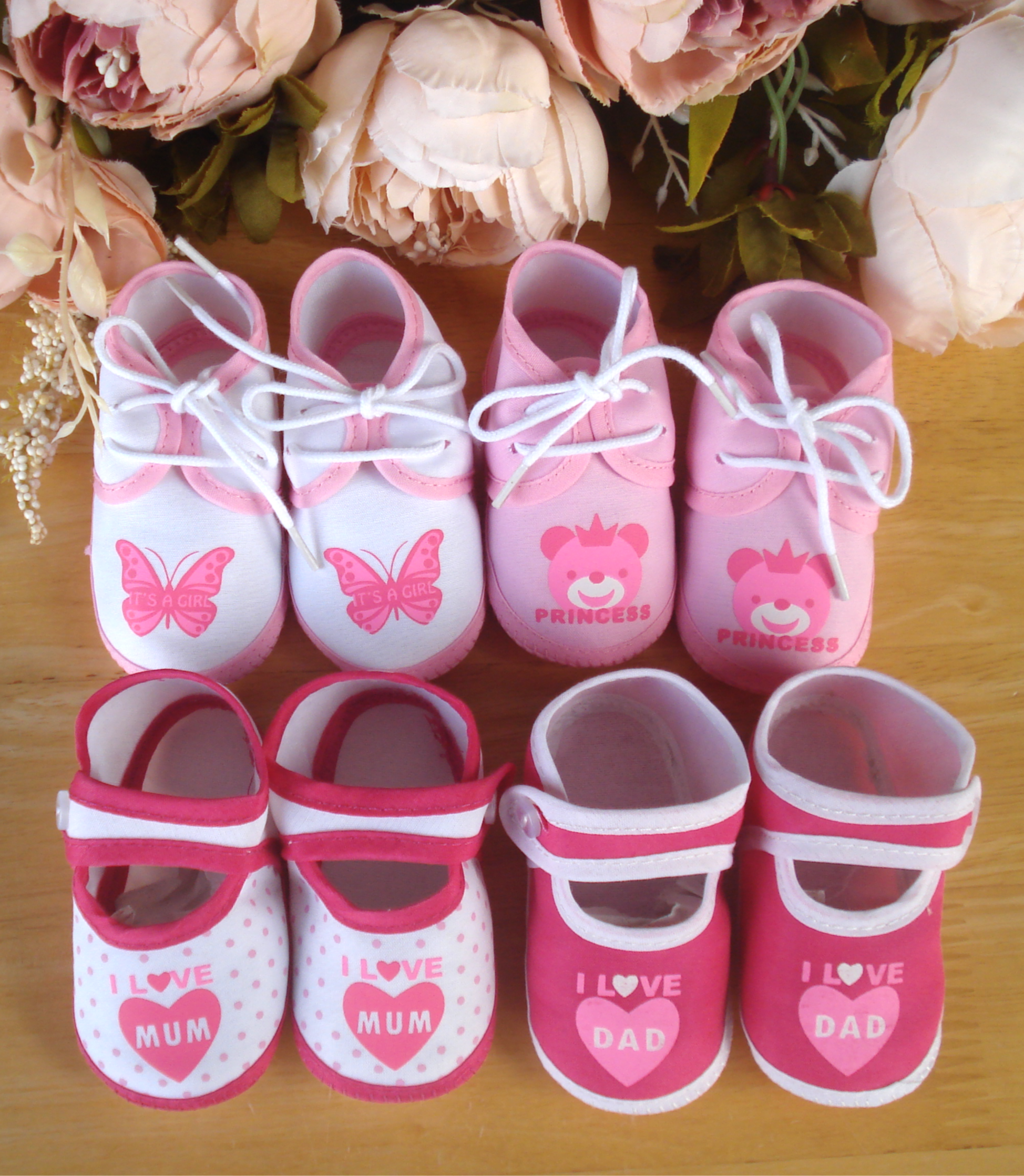 Baby Girl I Love Mum/ I Love Dad Canvas Pink White Summer Pram Shoes Printed 0-3