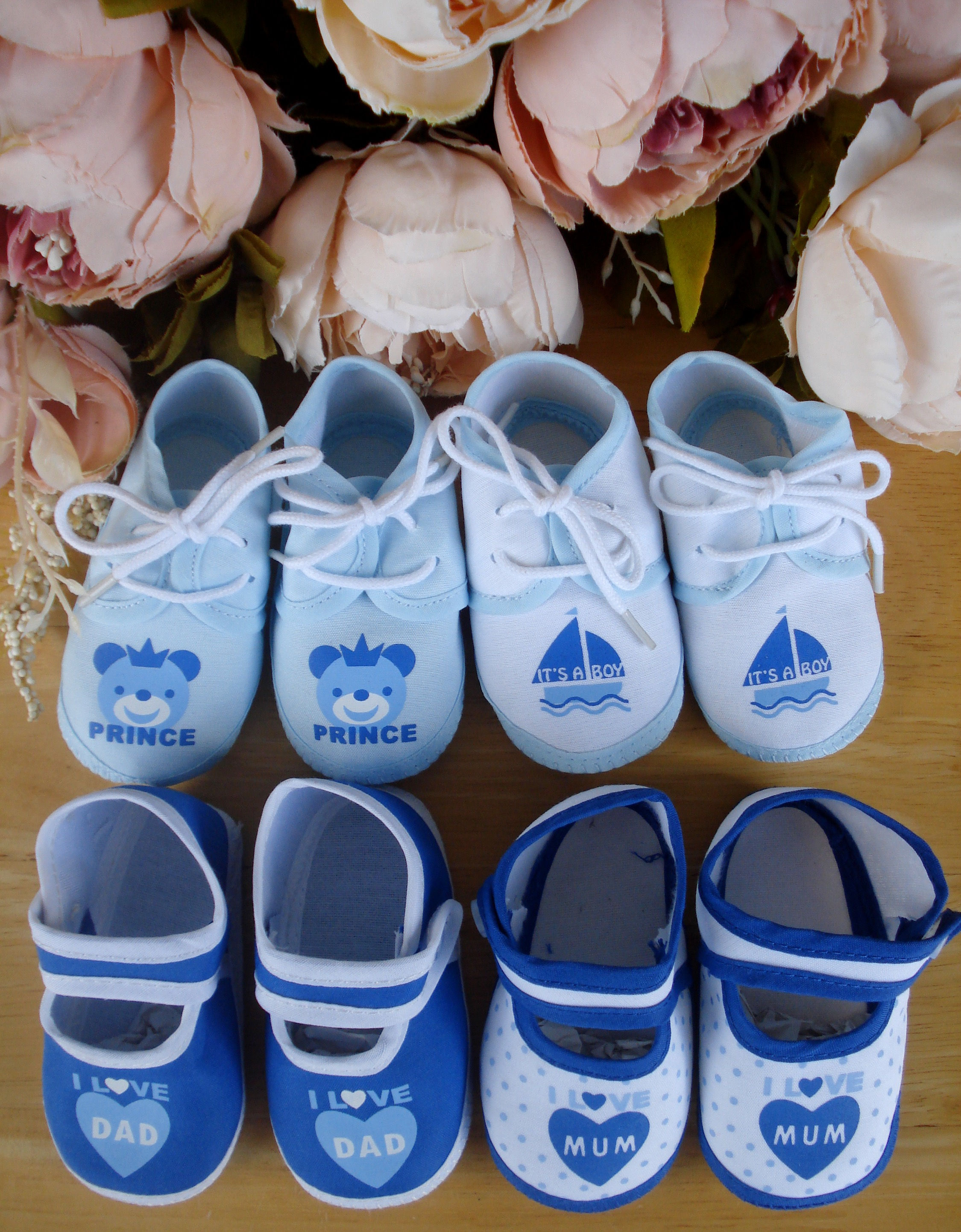 Baby Boys I Love Mum/ I Love Dad Canvas Blue White Summer Pram Shoes 0-3m