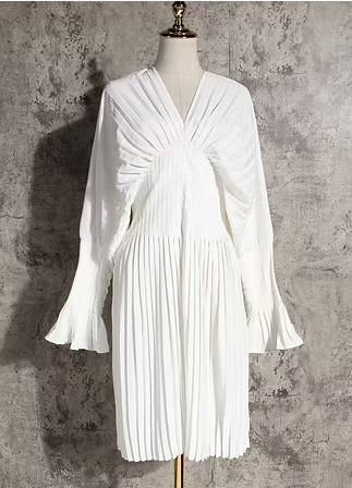 Thumbnail: Sakiya Pleated Long Sleeve Shirt Dress - White