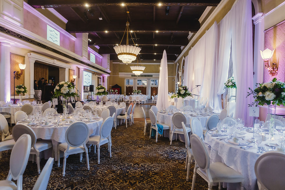 Wedding reception photography showcasing elegant round table setups, large classic chandeliers, and ambient ballroom uplighting inside Liberty Grand Toront