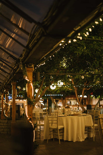 Warm bistro string lights illuminating an elegant round reception table with white linens surrounded by lush indoor tropical trees at Madison Greenhouse.