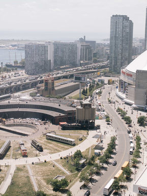  Aerial view of the John Street Roundhouse and Rogers Centre in downtown Toronto near the Steam Whistle brewery.