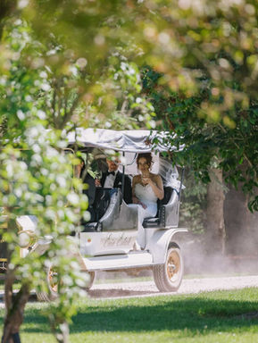 A documentary photograph of a bride arriving to her wedding ceremony in a vintage carriage, kicking up dust on a sunlit dirt road.