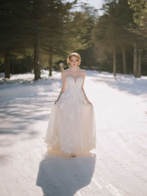 Full-length wedding photograph of a bride walking down a sun-drenched, tree-lined forest pathway on the private country grounds of Erin Estate.