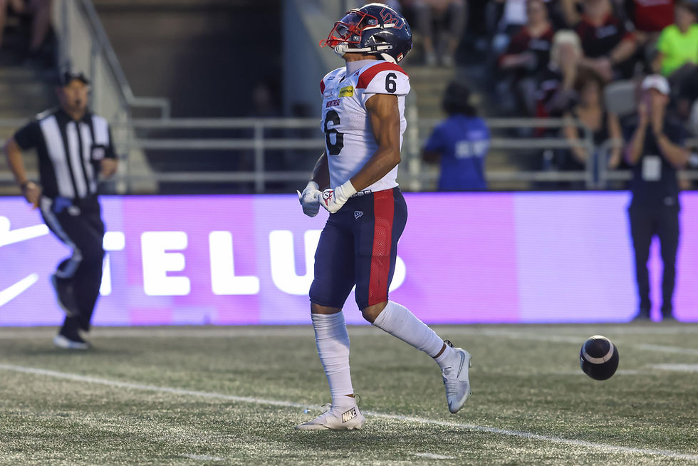 Tyson Philpot (#6), receveur des Alouettes de Montréal, a établi trois records samedi contre Winnipeg. Photo d'archives. Crédit photo : Cal Sport Media / Alamy.