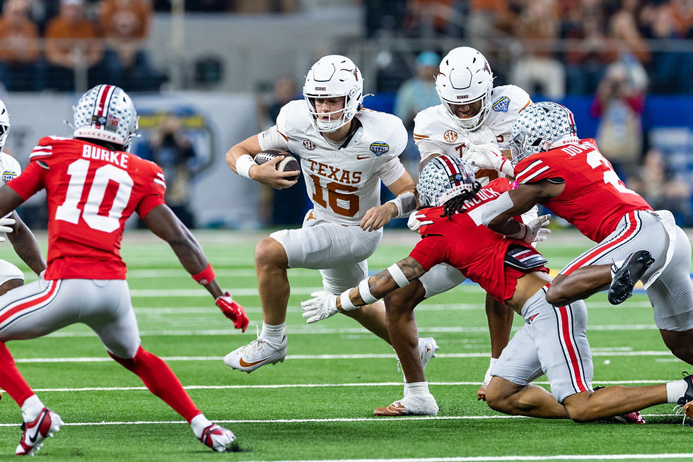 ARLINGTON, TX - JANUARY 10: Texas Longhorns quarterback Arch Manning (#16) runs up field for a first down during the CFP Semifinal Cotton Bowl Classic football game between the Ohio State Buckeyes and Texas Longhorns on January 10, 2025 at AT&T Stadium in Arlington, TX. (Photo by Matthew Visinsky/Icon Sportswire)