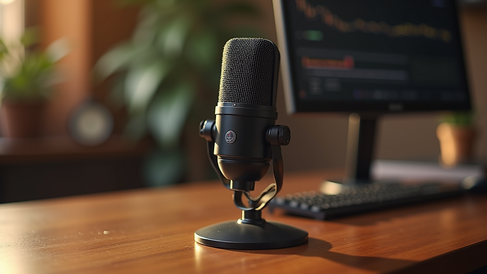 Eye-level view of a microphone on a wooden table