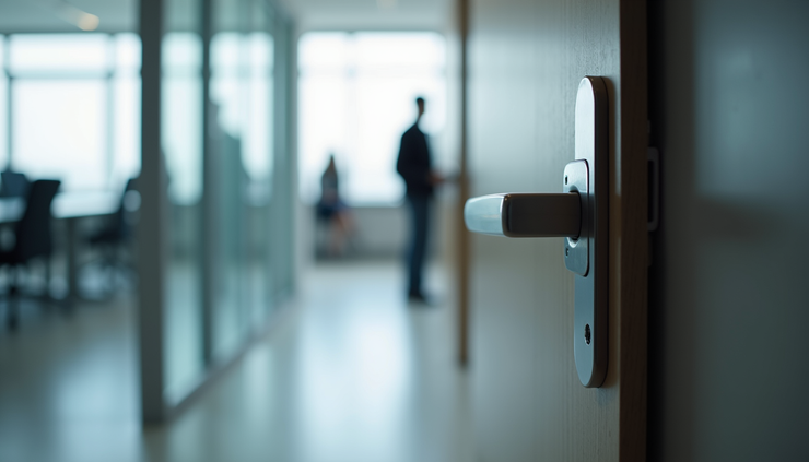 Vue rapprochée d'une poignée de porte désinfectée dans un bureau moderne