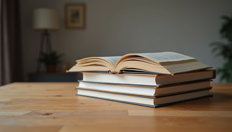 Eye-level view of a neatly arranged stack of eBooks on a wooden table