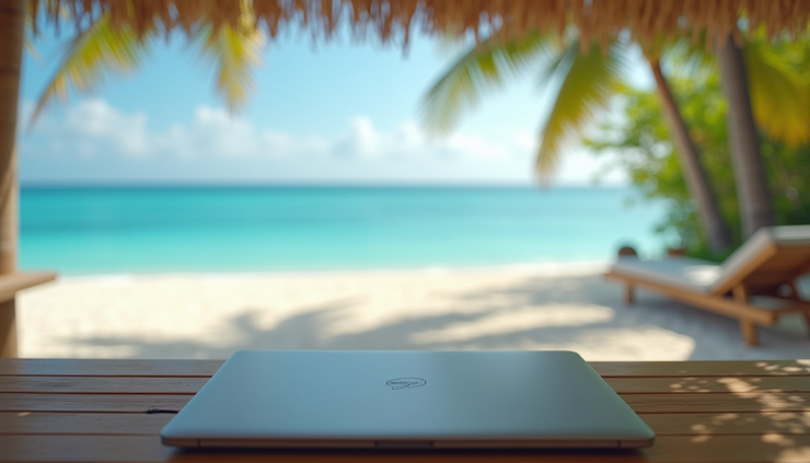 Eye-level view of a laptop on a wooden table with a tropical beach in the background