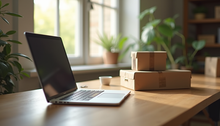 Eye-level view of a cozy home workspace with a laptop and packaged products ready for shipment