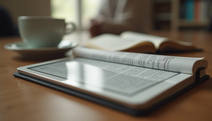 Eye-level view of a printed eBook and digital tablet on a wooden table