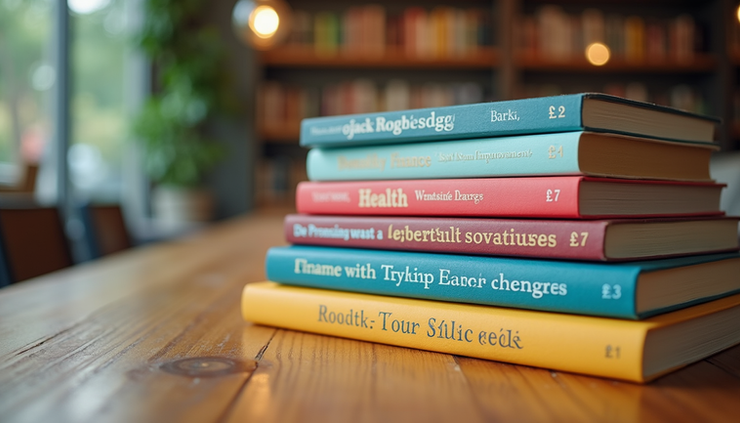 Eye-level view of a stack of diverse eBooks on a wooden table