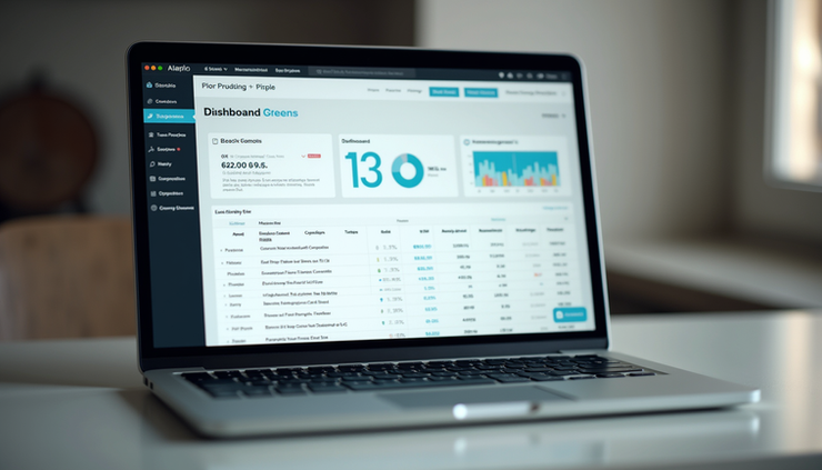 Eye-level view of a laptop screen displaying a digital product dashboard