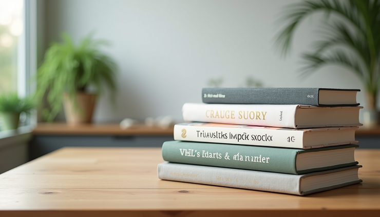 Eye-level view of a neatly arranged stack of health and wellness eBooks on a wooden table