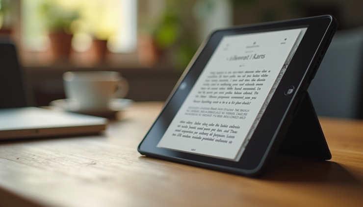 Eye-level view of a digital tablet displaying an eBook cover on a wooden desk
