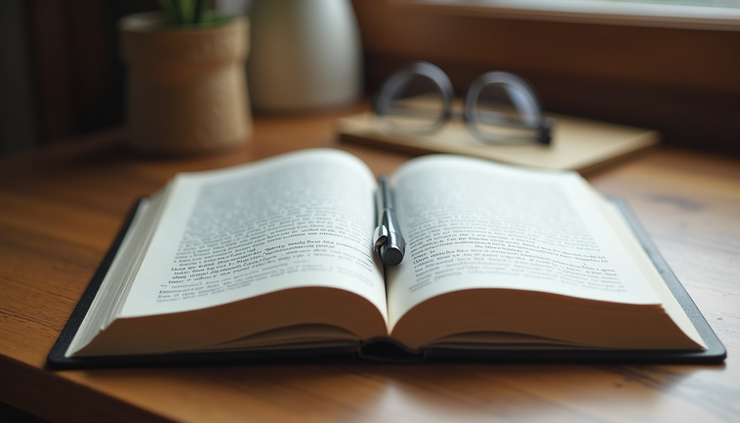 Eye-level view of an open ebook on a wooden desk with a pen and glasses beside it