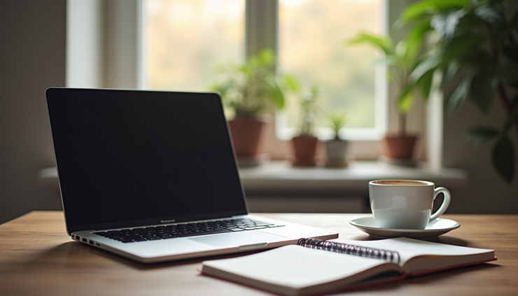 Eye-level view of a cozy workspace with a laptop and a notebook for writing an eBook
