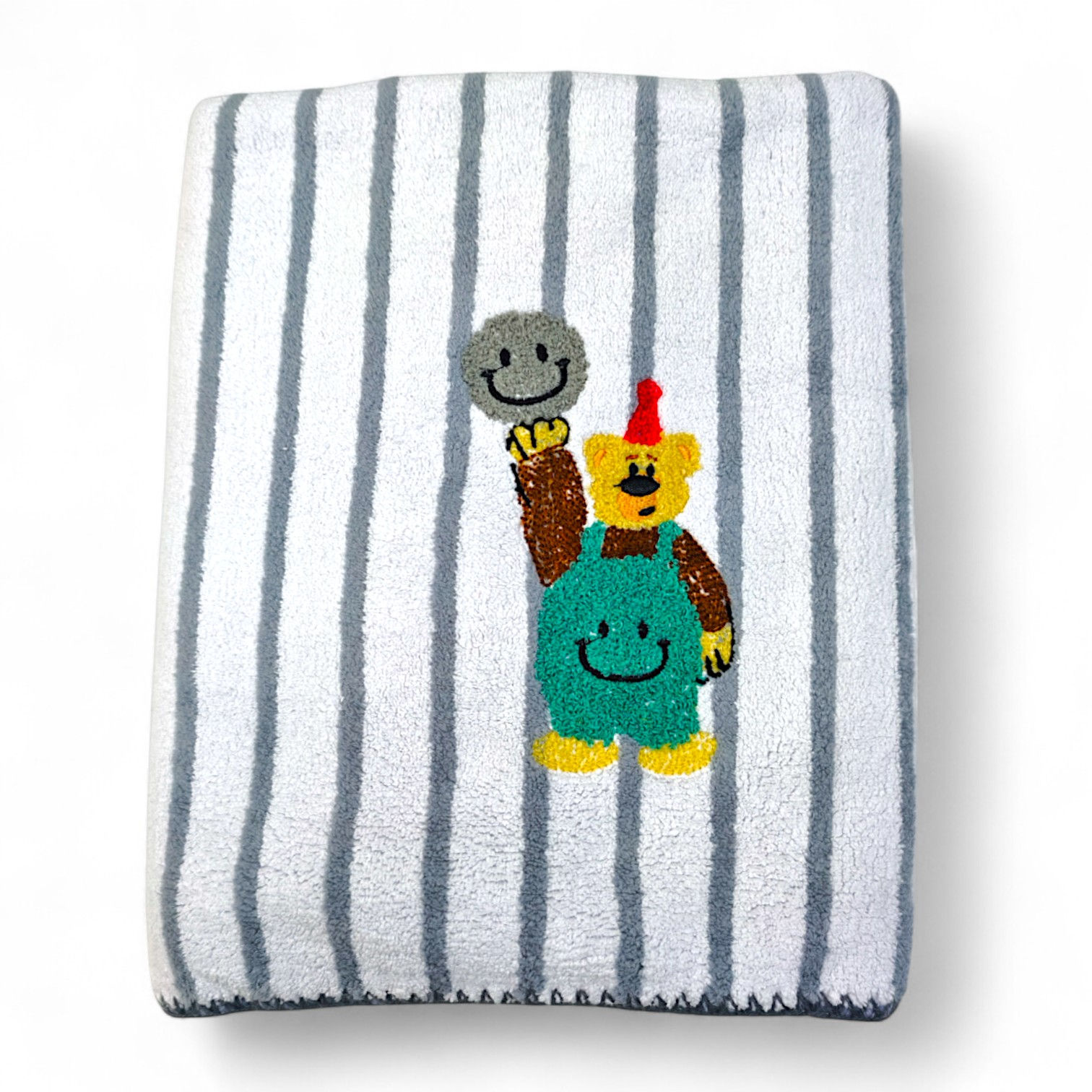 Striped Cotton Baby Towel with Bear Embroidery