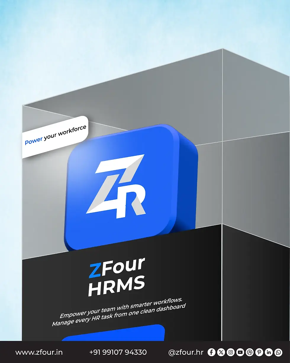 ZFour HRMS software branding poster showing HR management dashboard, website link and contact details