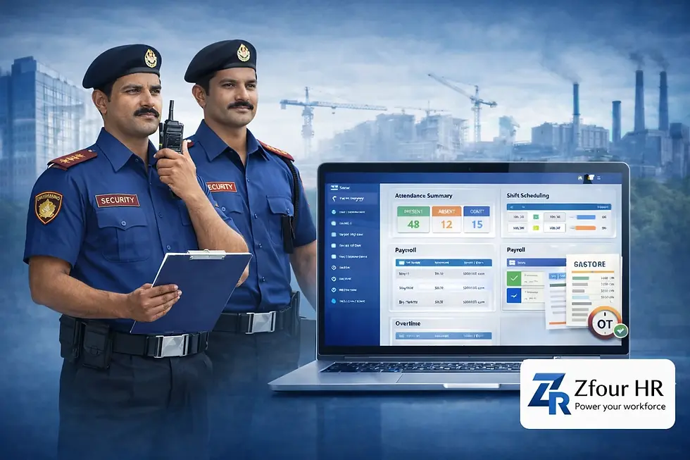 "Two Indian security guards in blue uniforms stand beside a laptop displaying HRMS attendance and payroll dashboard, with urban skyline and cranes in the background and ZFour HR logo visible."
