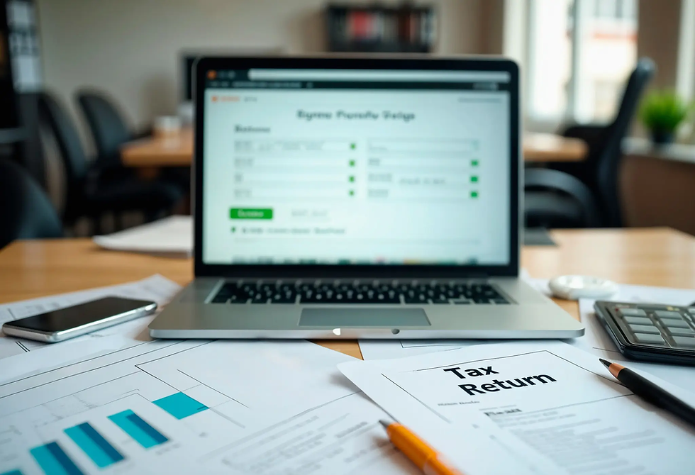 Laptop on desk showing tax software, surrounded by tax return papers, a phone, pen, and calculator; office setting, focused mood.