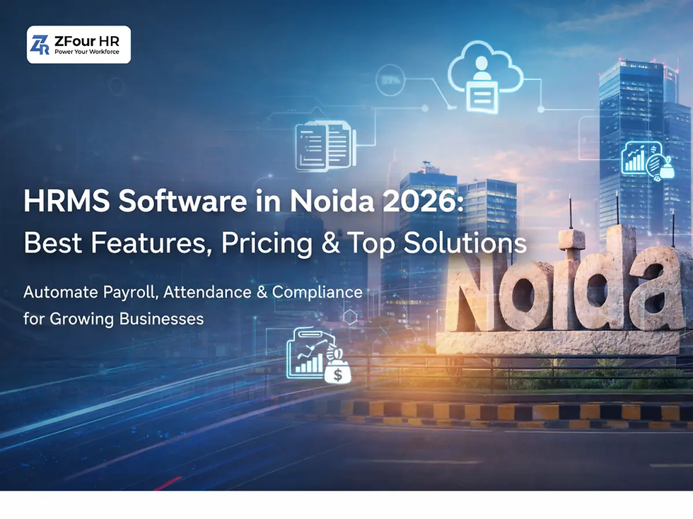 ZFour HR banner for HRMS software in Noida 2026, featuring skyline, digital icons, and bold "Noida" text. Highlights features and automation.