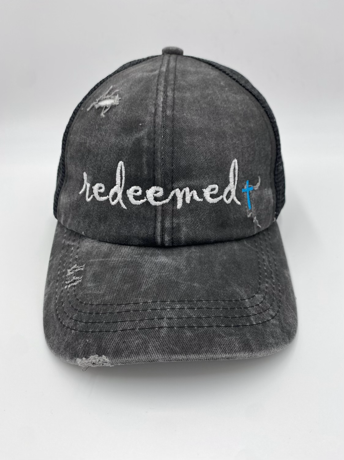 Redeemed distressed criss cross ponytail cap  