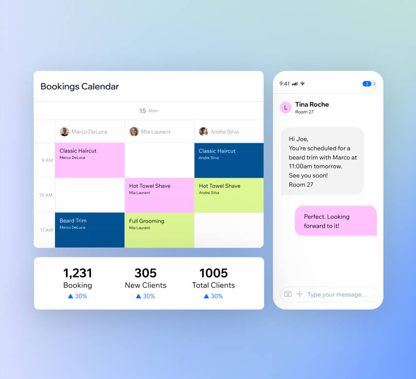 Salon booking calendar with staff schedules, client messaging, and business metrics showing 1,231 bookings and 30% growth