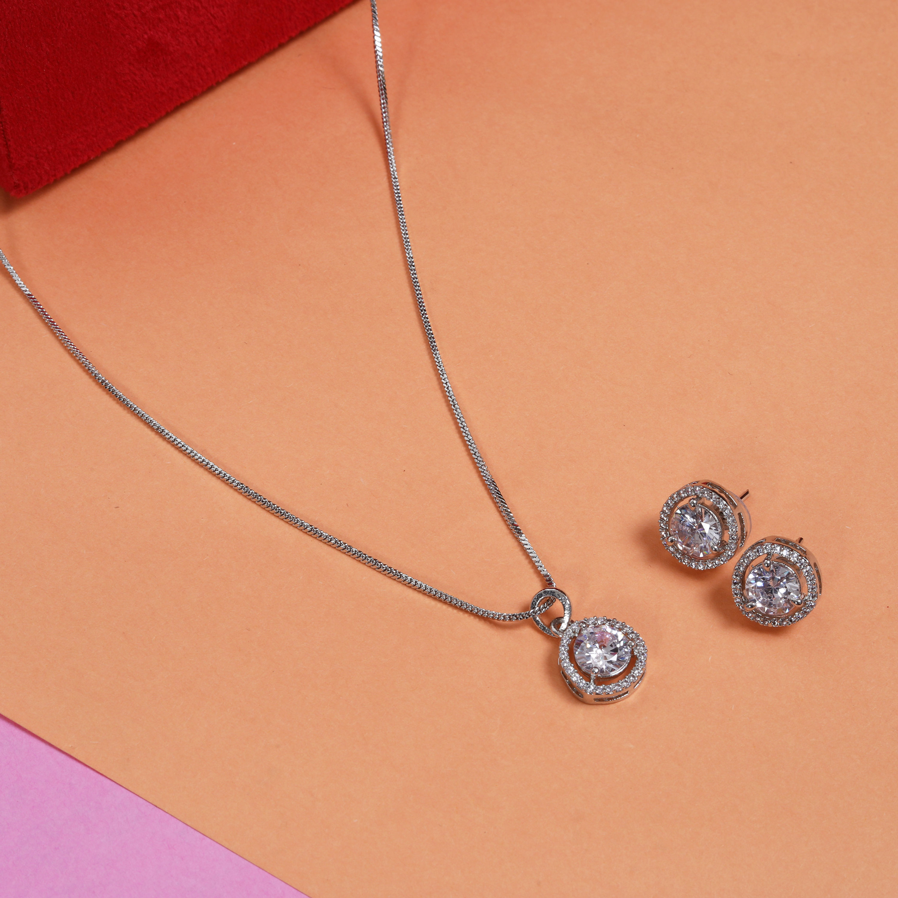 Ridhar Chain Pendant Set with Earrings in Pink