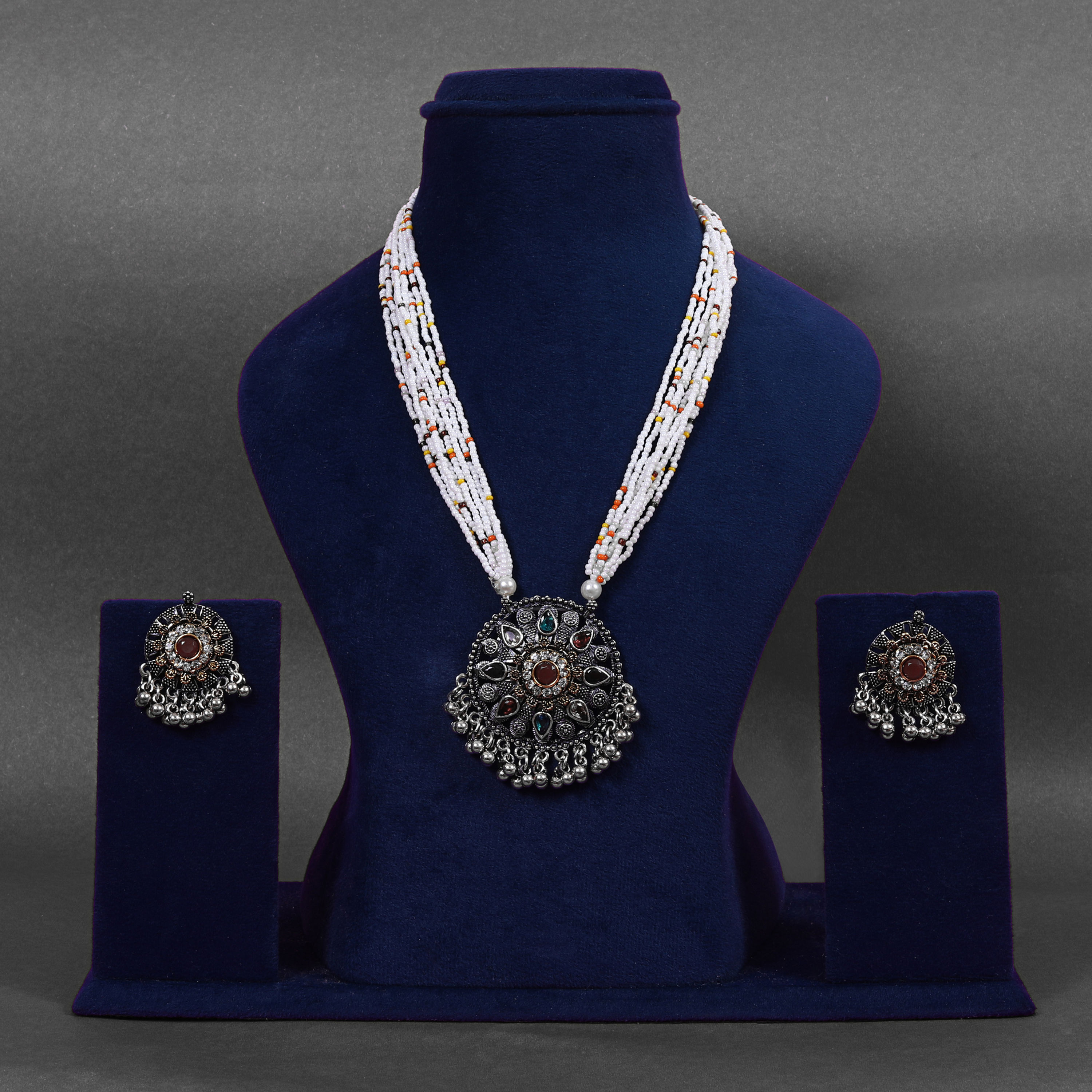 Ridhar Oxidized Silver and Pearl Necklace Set in Silver Color