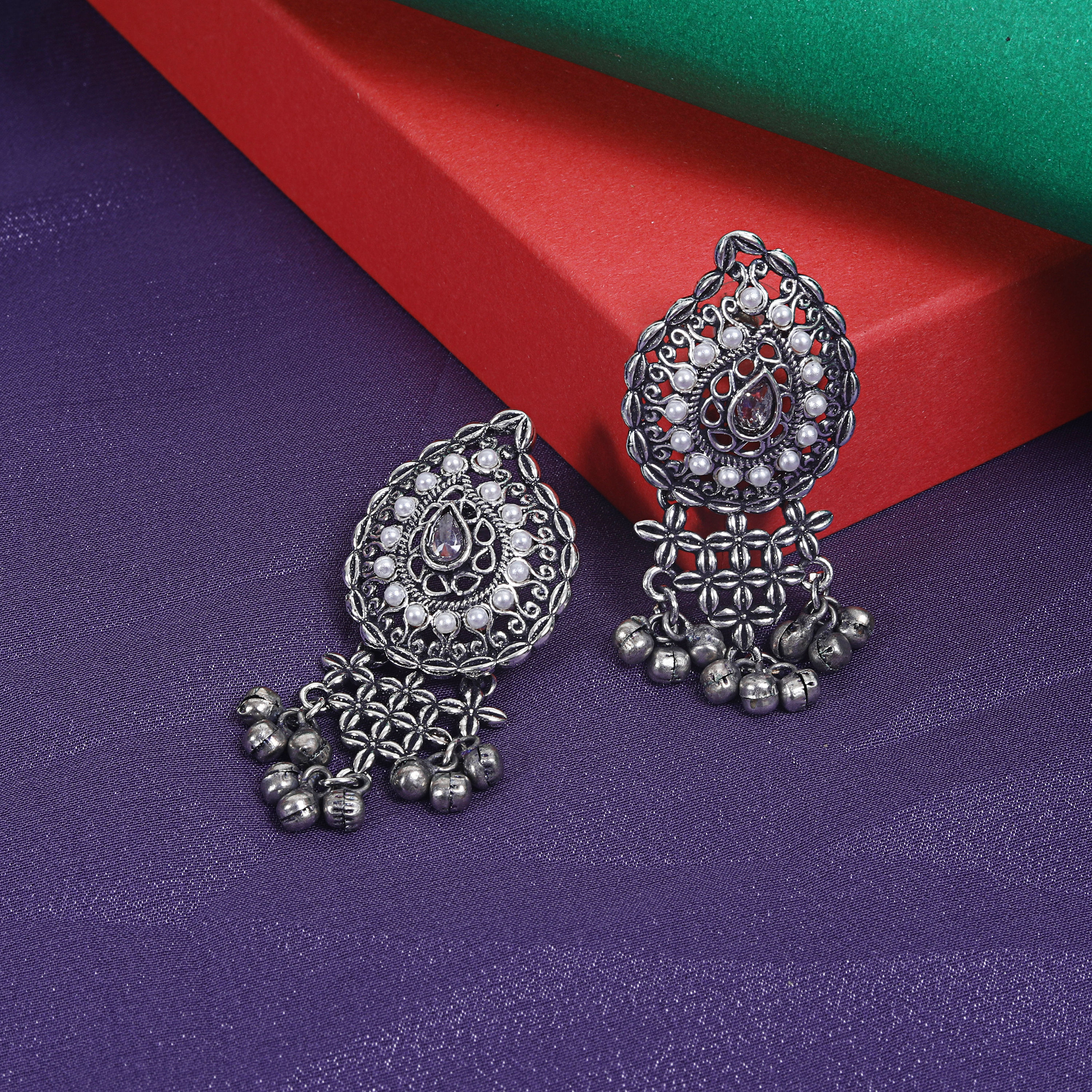 Ridhar Oxidized Silver-Plated Traditional Dangler Earrings for Women